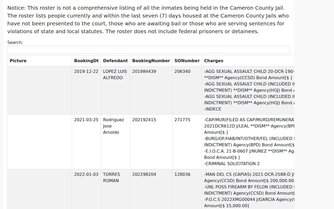 Cameron County official booking roster record search